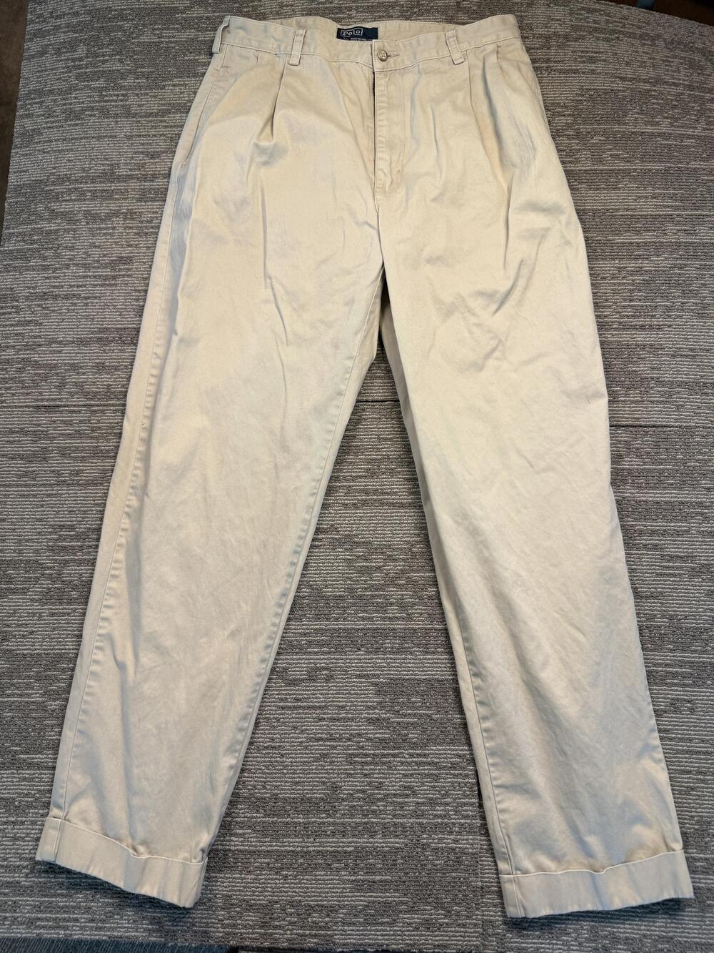 Polo Ralph Lauren Pants Mens 34x32 Beige Pleated Cuffed Chino Straight Leg